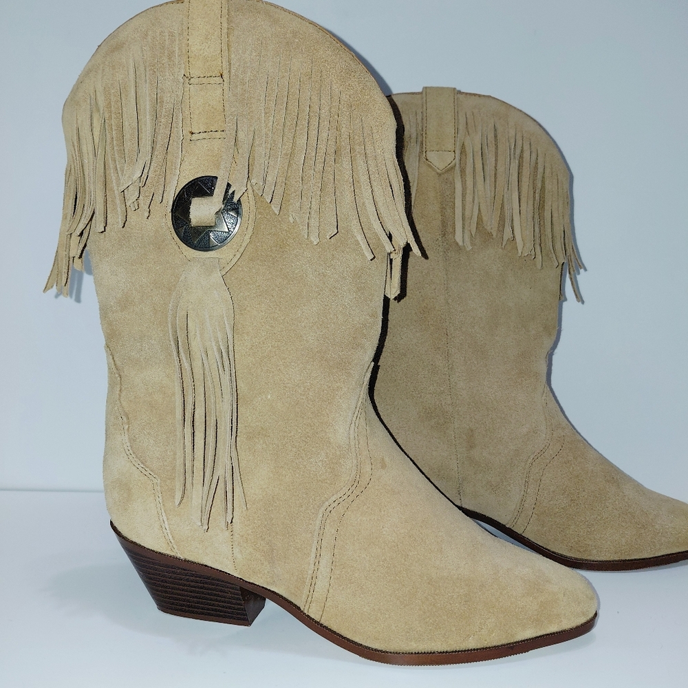 Women's Country Western Boots Size 7 Wide Tan Faux Suede Leather Fringe